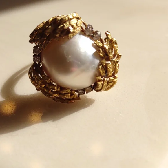 Mabe pearl 18kt Yellow Gold Ring, diamonds, estate Ring vintage - Picture 3 of 16